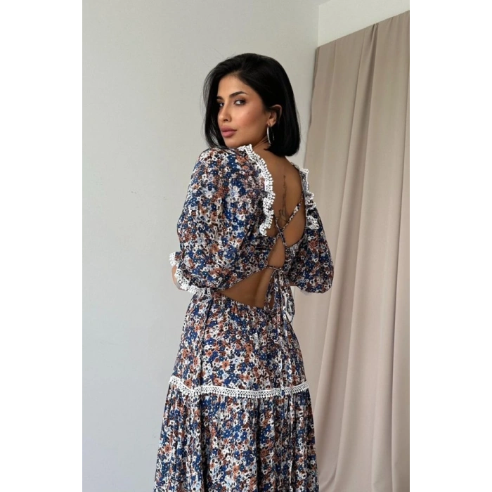 Desenli ırtı Dekolteli Brode Elbise