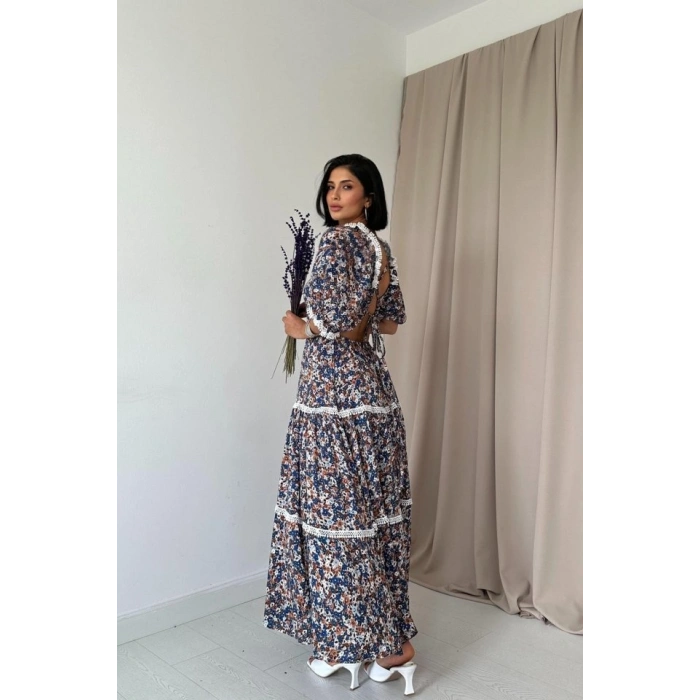 Desenli ırtı Dekolteli Brode Elbise