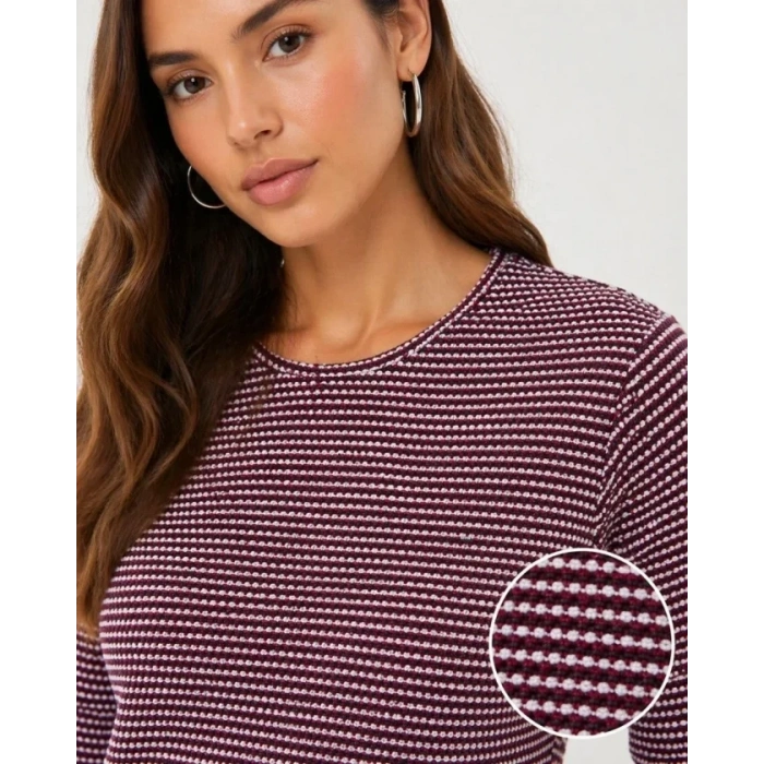 Dokulu Çizgili Uzun Kollu Tişört Oval Kesim Basic Rahat Kalıp Bluz  Bordo