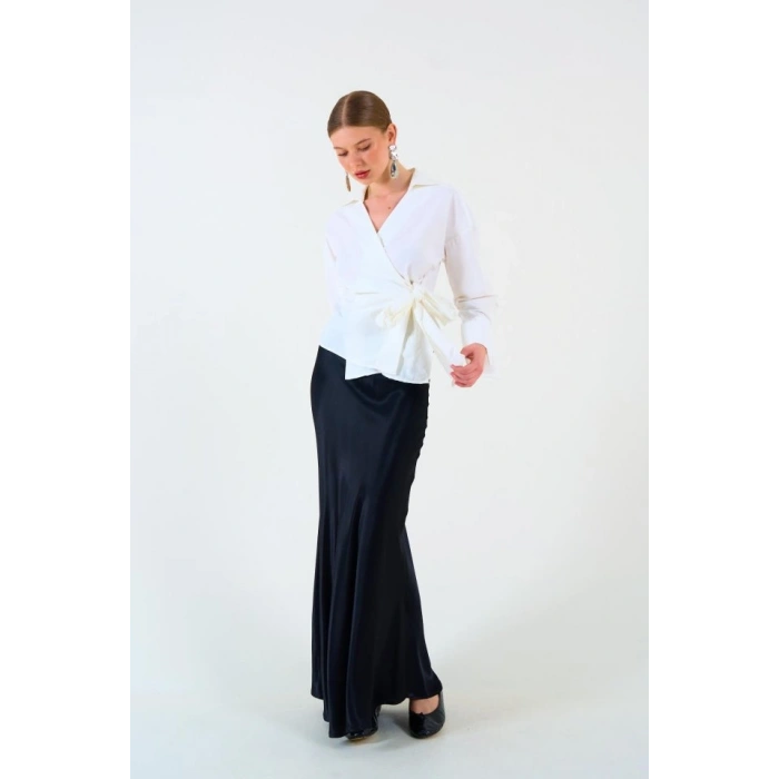 Düz Yandan Bağlamalı Gömlek  Ekru