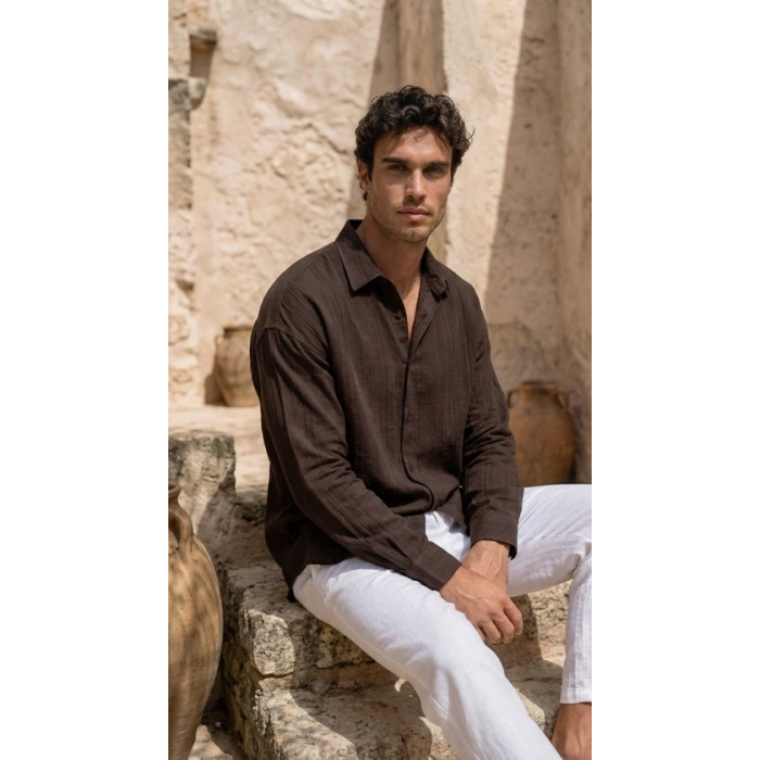 Erkek Armürlü Yarım Oversize Müslin Gömlek