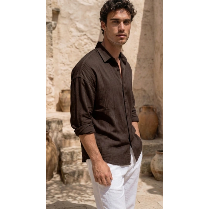 Erkek Armürlü Yarım Oversize Müslin Gömlek