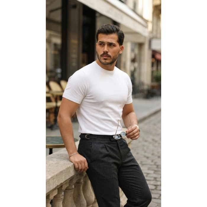 Erkek Basic Bisiklet Yaka Kısa Kollu Triko Tişört  %100 Pamuk Akrilik