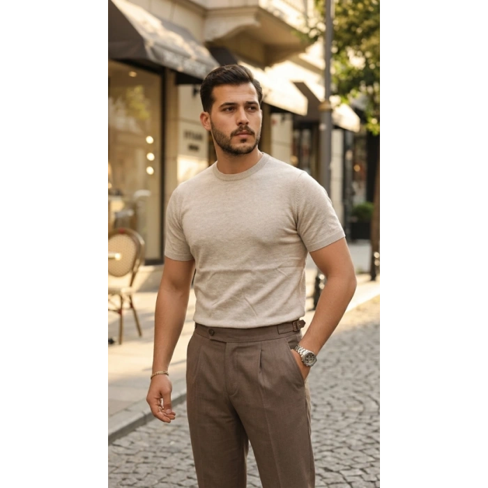 Erkek Basic Bisiklet Yaka Kısa Kollu Triko Tişört  %100 Pamuk Akrilik