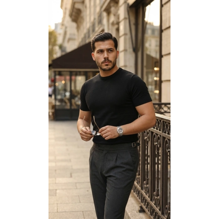 Erkek Basic Bisiklet Yaka Kısa Kollu Triko Tişört  %100 Pamuk Akrilik