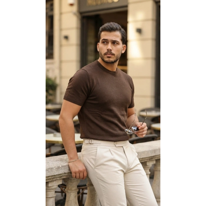 Erkek Basic Bisiklet Yaka Kısa Kollu Triko Tişört  %100 Pamuk Akrilik