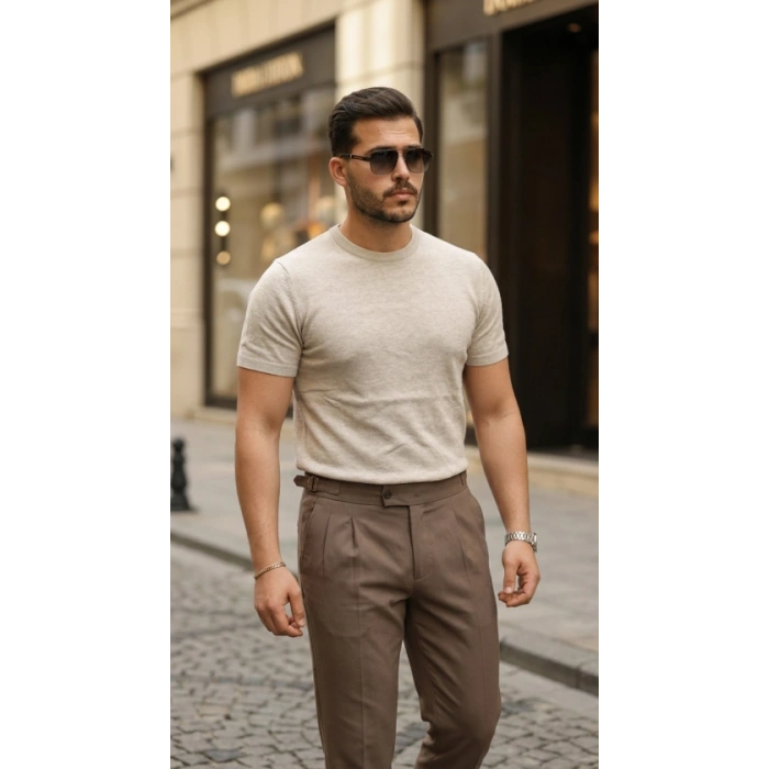 Erkek Basic Bisiklet Yaka Kısa Kollu Triko Tişört  %100 Pamuk Akrilik