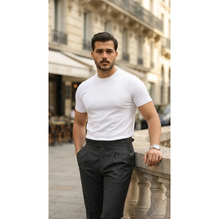 Erkek Basic Bisiklet Yaka Kısa Kollu Triko Tişört  %100 Pamuk Akrilik