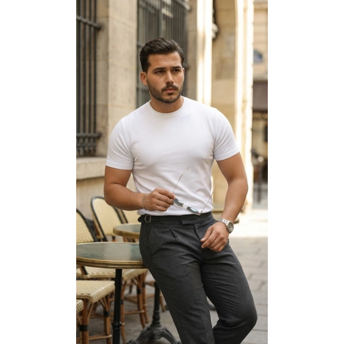 Erkek Basic Bisiklet Yaka Kısa Kollu Triko Tişört  %100 Pamuk Akrilik