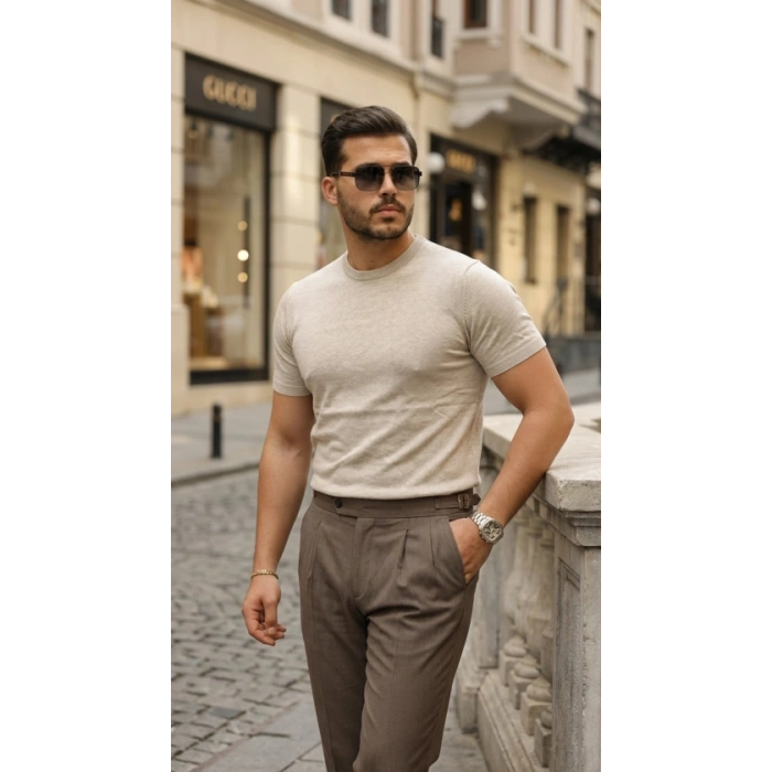 Erkek Basic Bisiklet Yaka Kısa Kollu Triko Tişört  %100 Pamuk Akrilik