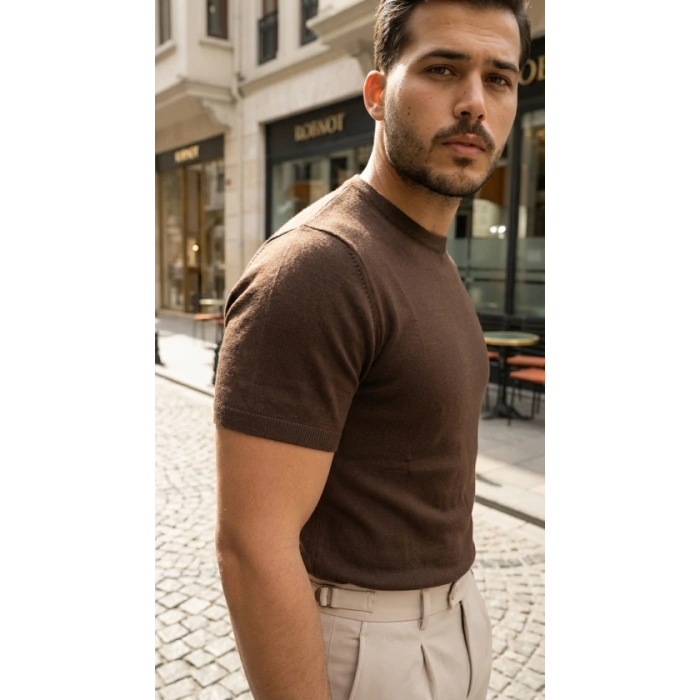 Erkek Basic Bisiklet Yaka Kısa Kollu Triko Tişört  %100 Pamuk Akrilik