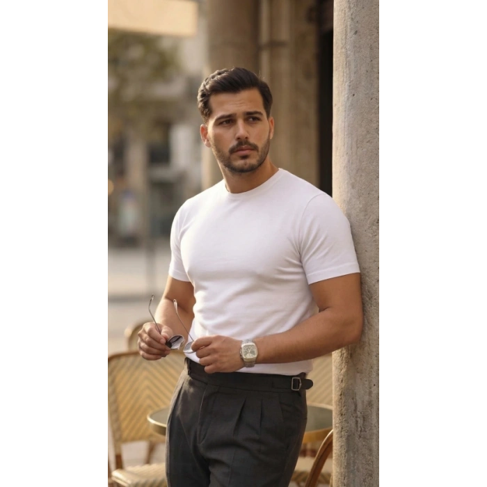 Erkek Basic Bisiklet Yaka Kısa Kollu Triko Tişört  %100 Pamuk Akrilik