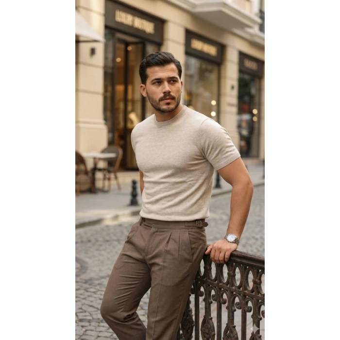 Erkek Basic Bisiklet Yaka Kısa Kollu Triko Tişört  %100 Pamuk Akrilik