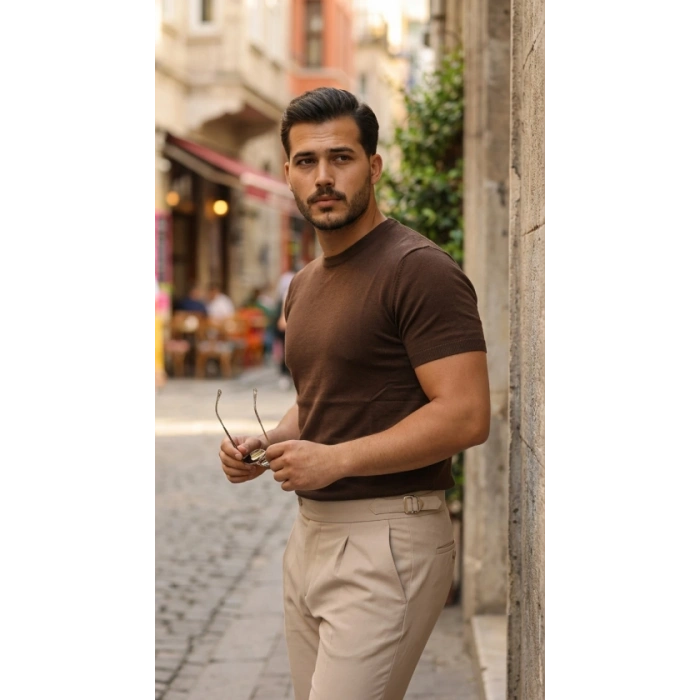 Erkek Basic Bisiklet Yaka Kısa Kollu Triko Tişört  %100 Pamuk Akrilik