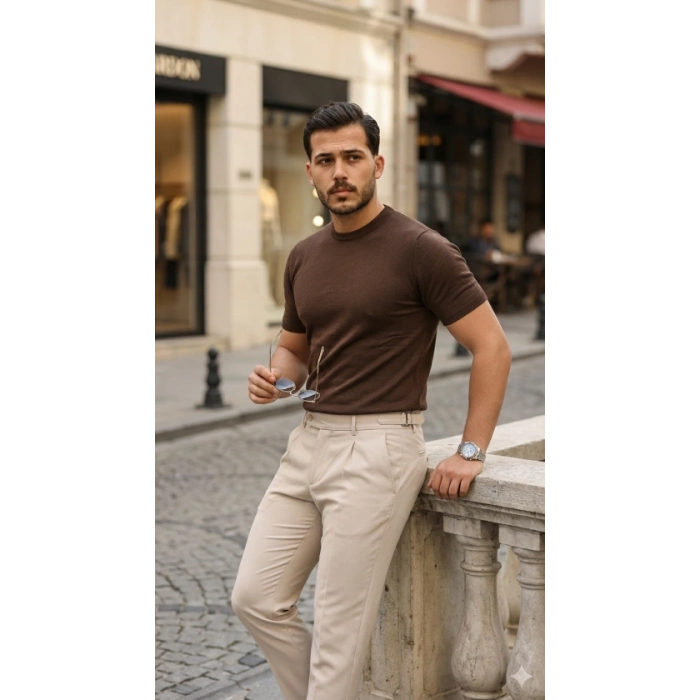 Erkek Basic Bisiklet Yaka Kısa Kollu Triko Tişört  %100 Pamuk Akrilik