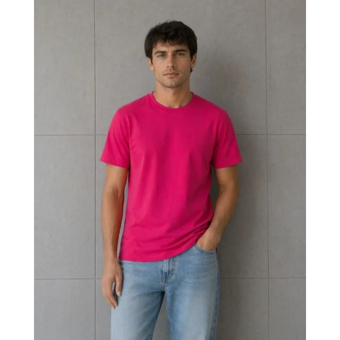 Erkek Basic Pamuklu Tişört Bisiklet Yaka Düz Renk Regular Fit Thirt  Fuşya