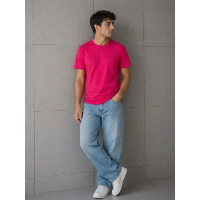 Erkek Basic Pamuklu Tişört Bisiklet Yaka Düz Renk Regular Fit Thirt  Fuşya