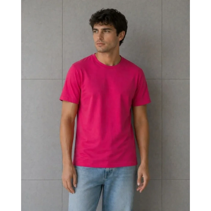 Erkek Basic Pamuklu Tişört Bisiklet Yaka Düz Renk Regular Fit Thirt  Fuşya