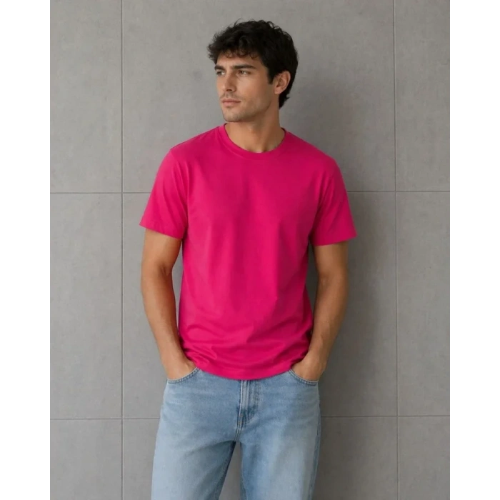 Erkek Basic Pamuklu Tişört Bisiklet Yaka Düz Renk Regular Fit Thirt  Fuşya