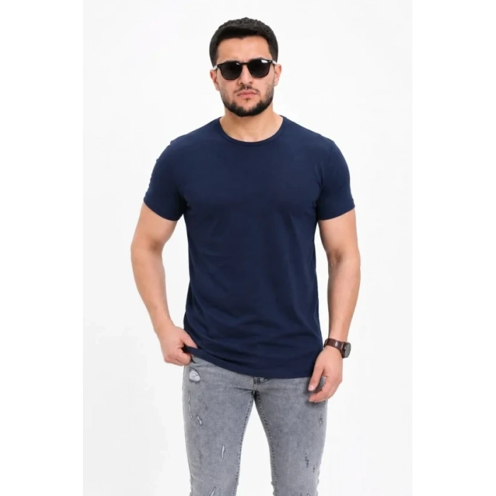 Erkek Basic Tişört Bisiklet Yaka Kısa Kol Günlük Yazlık lim Fit Thirt  acivert