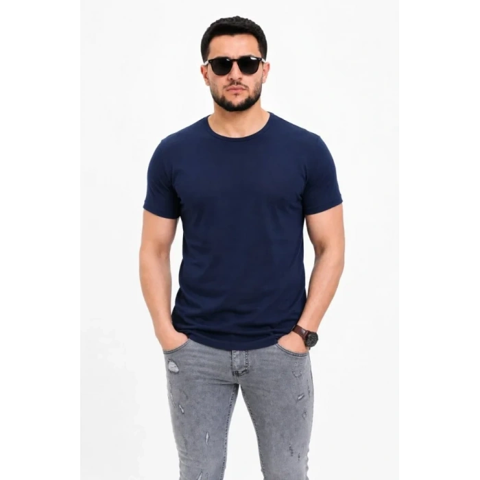 Erkek Basic Tişört Bisiklet Yaka Kısa Kol Günlük Yazlık lim Fit Thirt  acivert