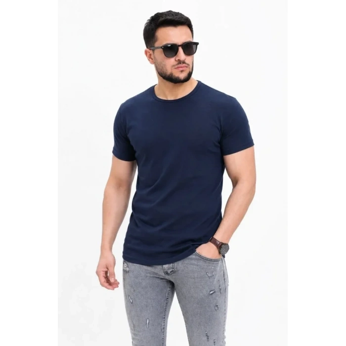 Erkek Basic Tişört Bisiklet Yaka Kısa Kol Günlük Yazlık lim Fit Thirt  acivert
