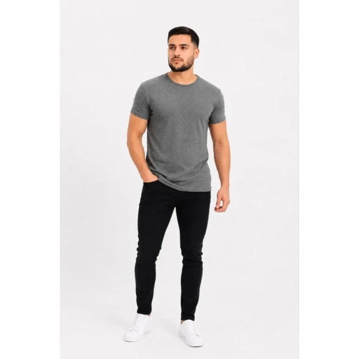 Erkek Basic Tişört Bisiklet Yaka Kısa Kol Günlük Yazlık lim Fit Thirt  Antrasit