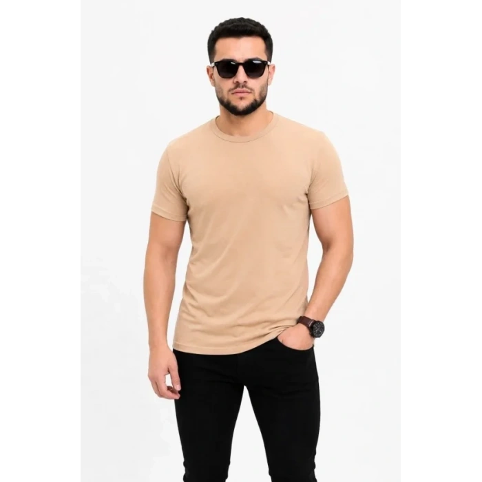 Erkek Basic Tişört Bisiklet Yaka Kısa Kol Günlük Yazlık lim Fit Thirt  Bej