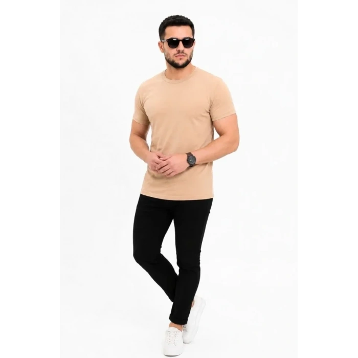Erkek Basic Tişört Bisiklet Yaka Kısa Kol Günlük Yazlık lim Fit Thirt  Bej