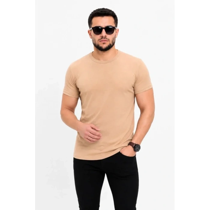 Erkek Basic Tişört Bisiklet Yaka Kısa Kol Günlük Yazlık lim Fit Thirt  Bej