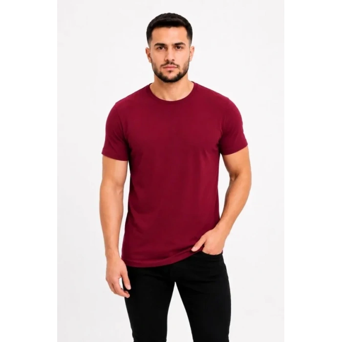 Erkek Basic Tişört Bisiklet Yaka Kısa Kol Günlük Yazlık lim Fit Thirt  Bordo