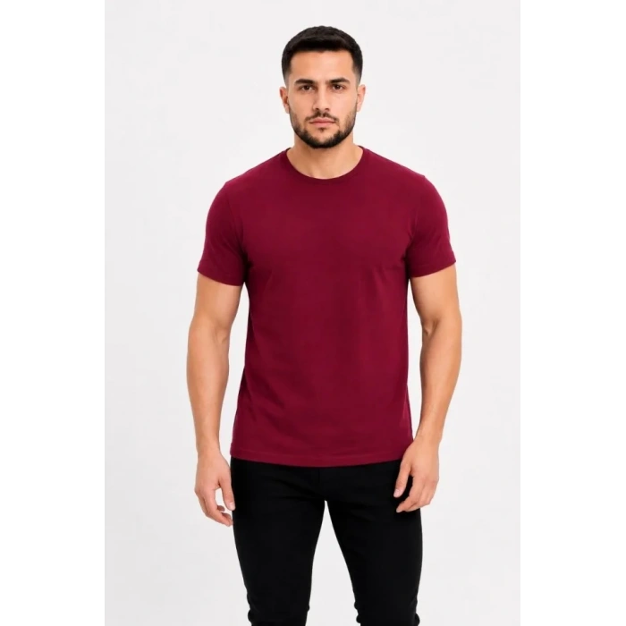 Erkek Basic Tişört Bisiklet Yaka Kısa Kol Günlük Yazlık lim Fit Thirt  Bordo