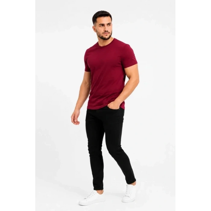 Erkek Basic Tişört Bisiklet Yaka Kısa Kol Günlük Yazlık lim Fit Thirt  Bordo