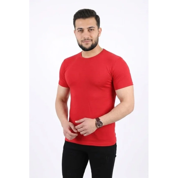 Erkek Basic Tişört Bisiklet Yaka Kısa Kol Günlük Yazlık lim Fit Thirt  Kırmızı