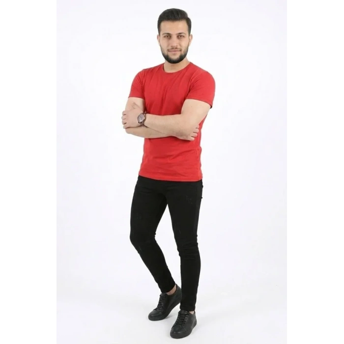 Erkek Basic Tişört Bisiklet Yaka Kısa Kol Günlük Yazlık lim Fit Thirt  Kırmızı