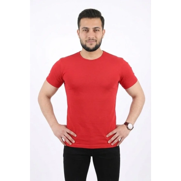 Erkek Basic Tişört Bisiklet Yaka Kısa Kol Günlük Yazlık lim Fit Thirt  Kırmızı