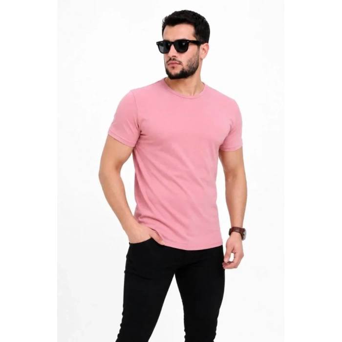 Erkek Basic Tişört Bisiklet Yaka Kısa Kol Günlük Yazlık lim Fit Thirt  Pembe