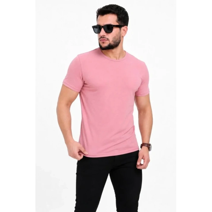 Erkek Basic Tişört Bisiklet Yaka Kısa Kol Günlük Yazlık lim Fit Thirt  Pembe