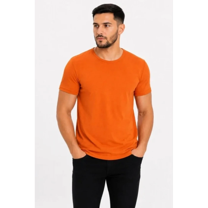 Erkek Basic Tişört Bisiklet Yaka Kısa Kol Günlük Yazlık lim Fit Thirt  Turuncu