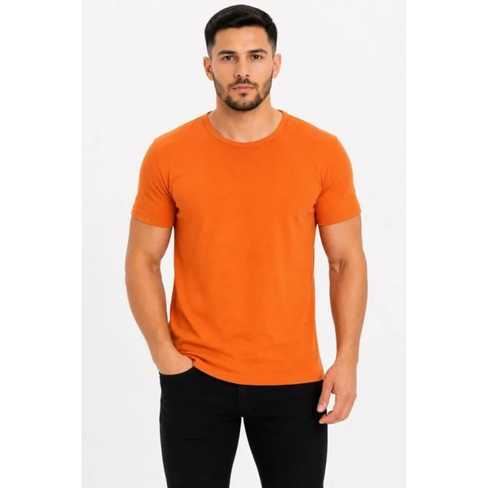 Erkek Basic Tişört Bisiklet Yaka Kısa Kol Günlük Yazlık lim Fit Thirt  Turuncu