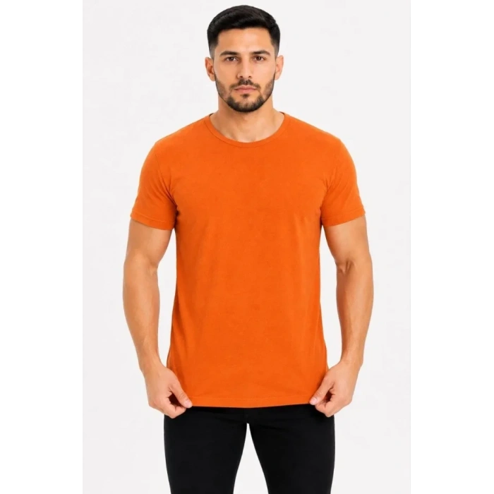 Erkek Basic Tişört Bisiklet Yaka Kısa Kol Günlük Yazlık lim Fit Thirt  Turuncu
