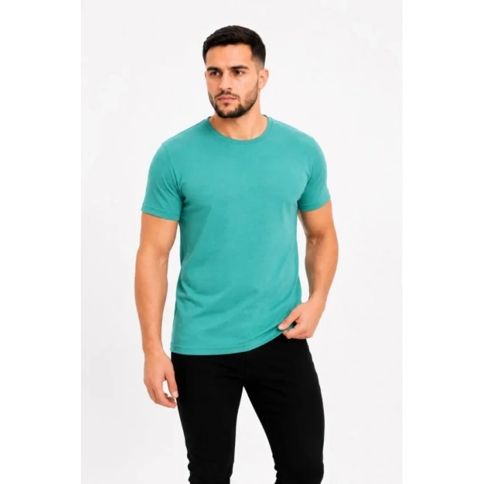 Erkek Basic Tişört Bisiklet Yaka Kısa Kol Günlük Yazlık lim Fit Thirt  u Yeşili