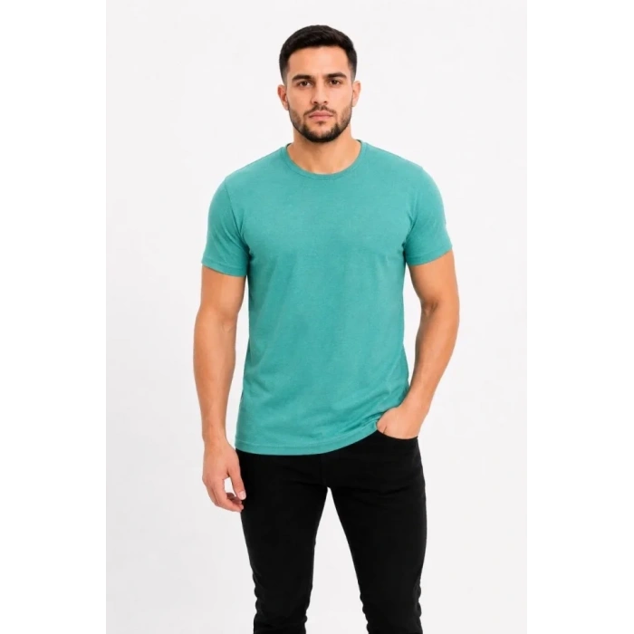 Erkek Basic Tişört Bisiklet Yaka Kısa Kol Günlük Yazlık lim Fit Thirt  u Yeşili