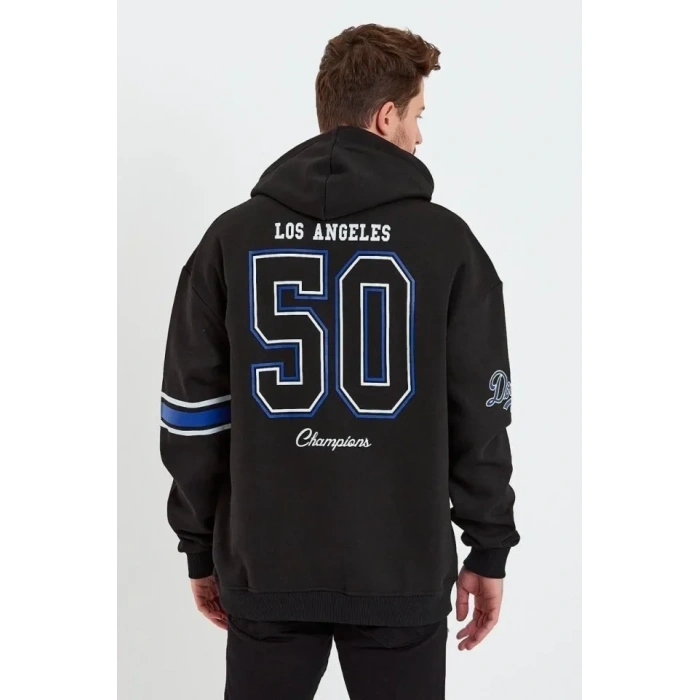 Erkek Baskılı Kapşonlu Üç Iplik Oversize weatshirt  iyah