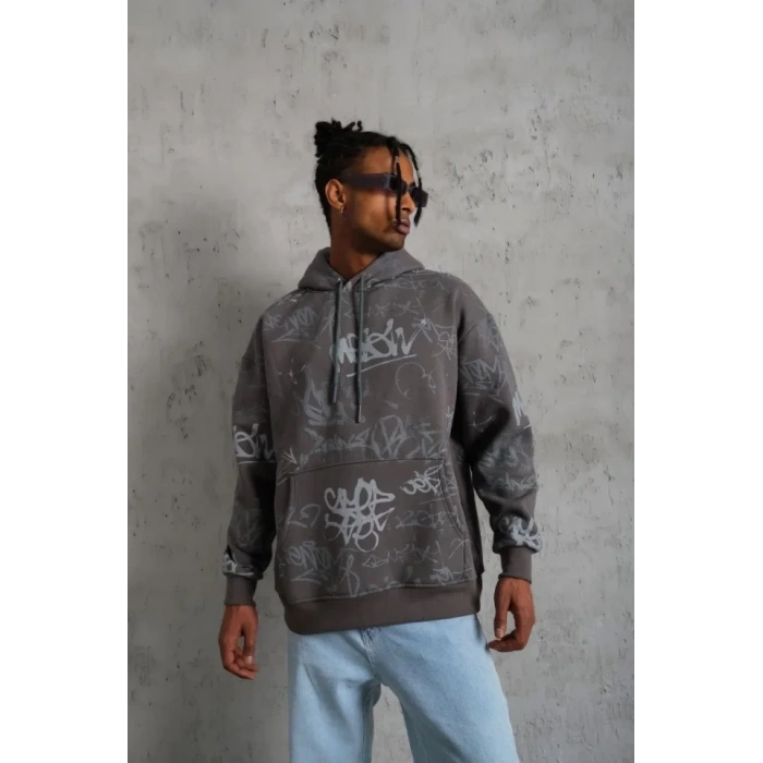 Erkek Baskılı Kapüşonlu Ribanalı weat  Gri