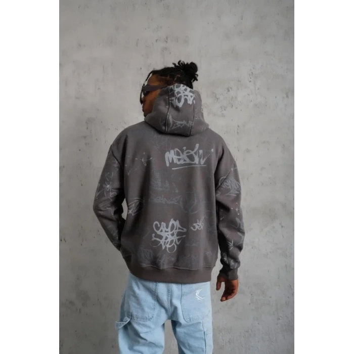 Erkek Baskılı Kapüşonlu Ribanalı weat  Gri