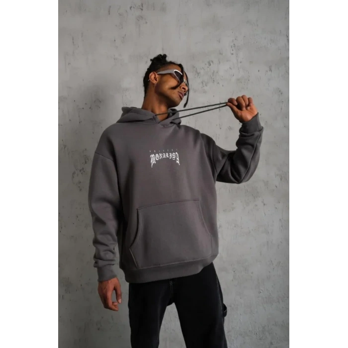 Erkek Baskılı Kapüşonlu Ve Kanguru Cepli weat Gri