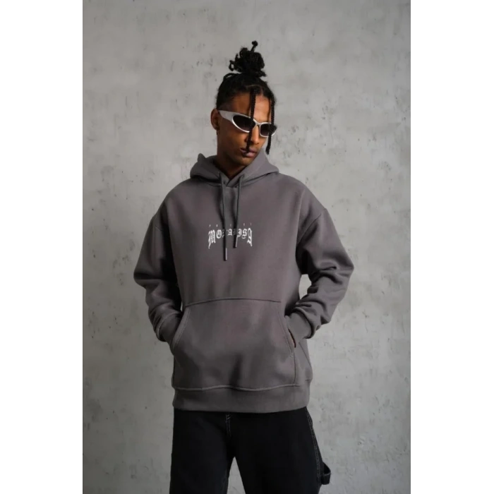 Erkek Baskılı Kapüşonlu Ve Kanguru Cepli weat Gri