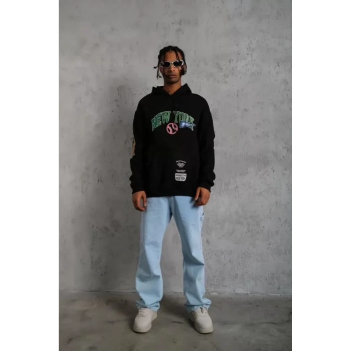 Erkek Baskılı Kapüşonlu weatshirt  iyah