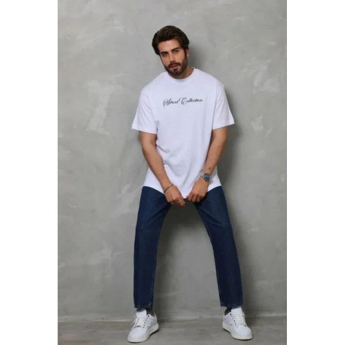 Erkek Baskılı Thirt Kısa Kol Bisiklet Yaka Regular Fit Rahat Kalıp Günlük Tişört  Beyaz